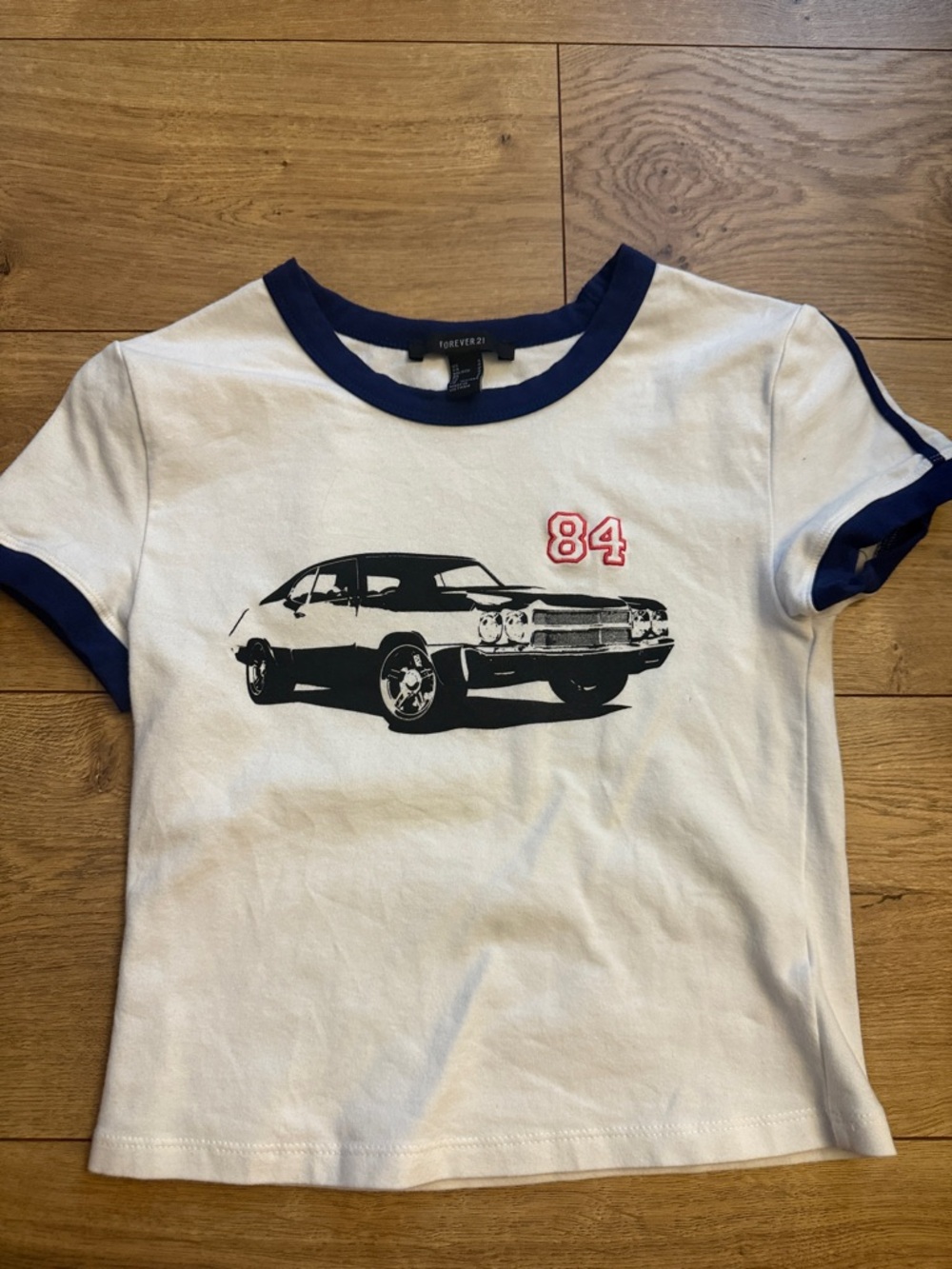 Forever 21 Kids White Ringer Tee with Navy Trim and Car Graphic